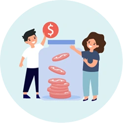Man depositing a coin into a savings jar with a woman beside him