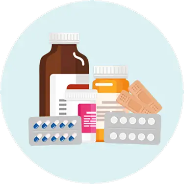 Illustration of medicine bottles, pill packs and bandages