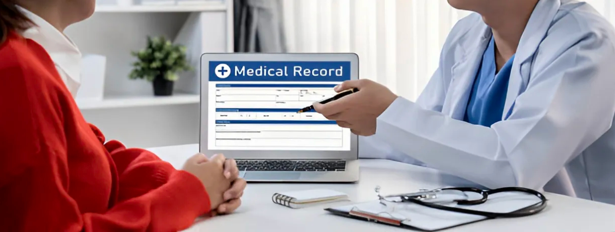 Doctor showing patient their Medical Records on a laptop
