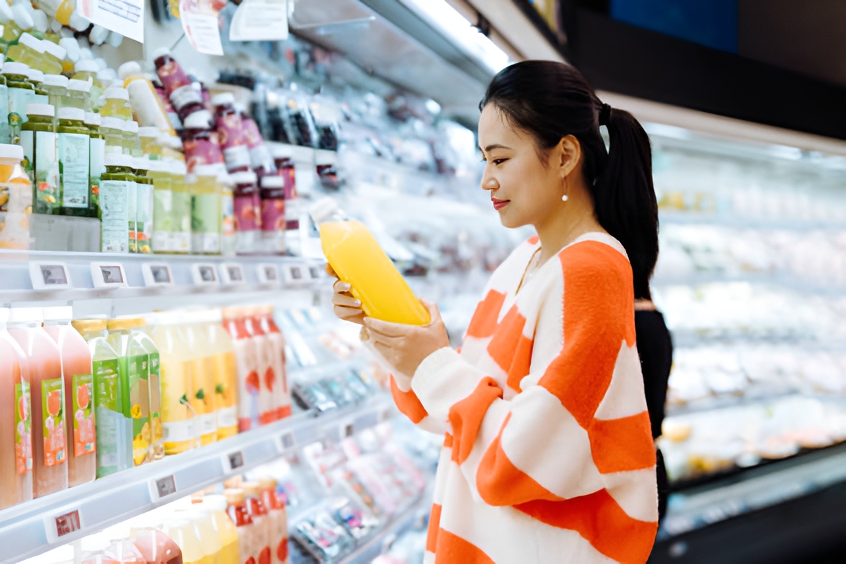 Woman checking a health drink label in a grocery store
