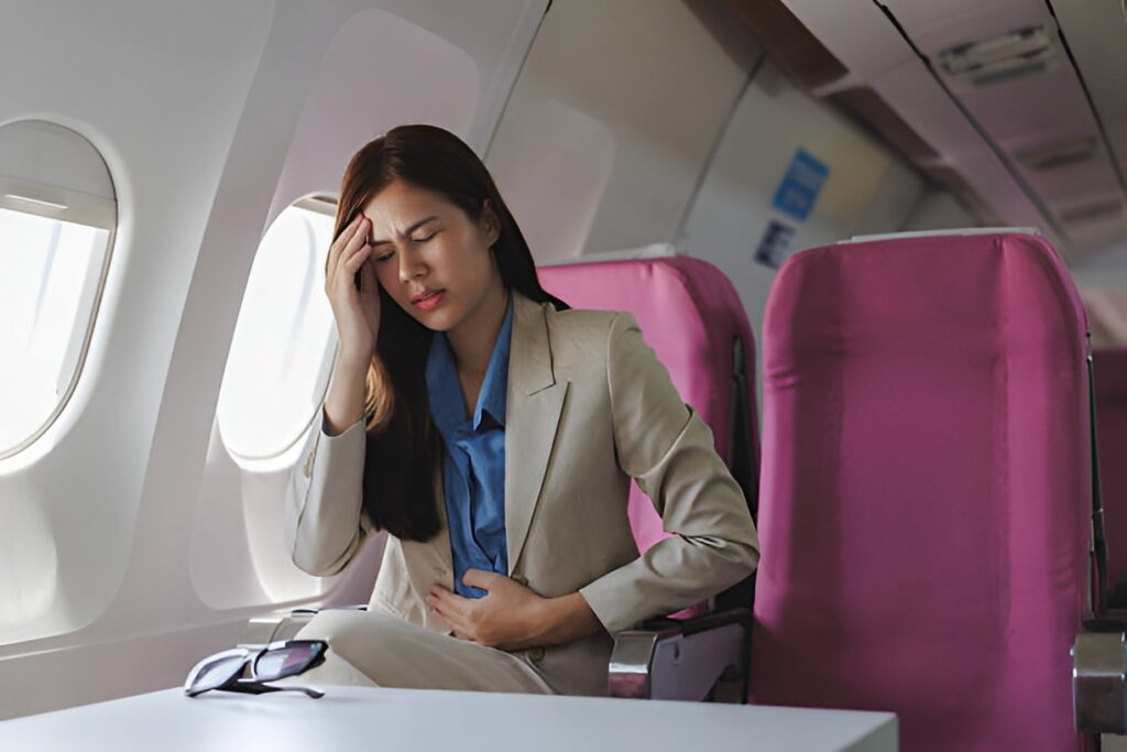 Woman having a headache and stomach pain on a flight while travelling for work